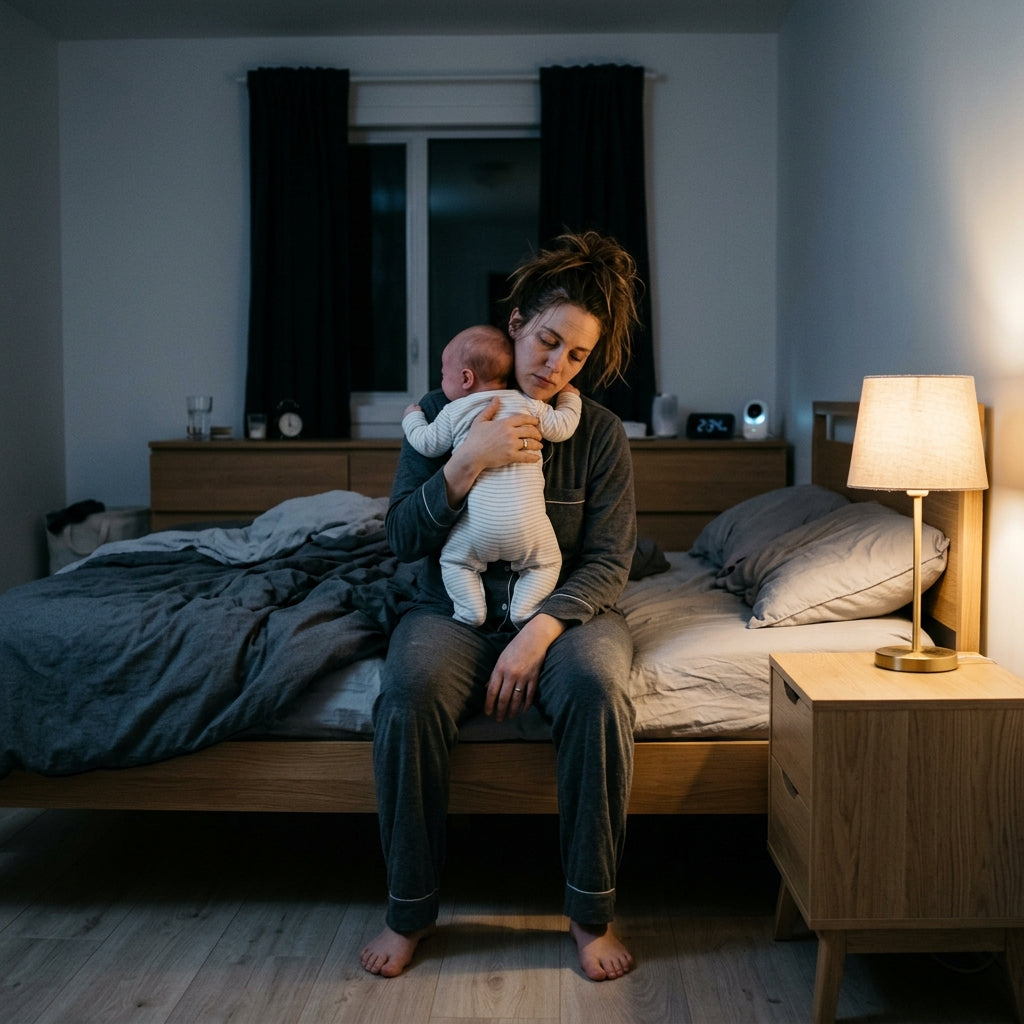 Uitgeputte ouder met baby 's nachts