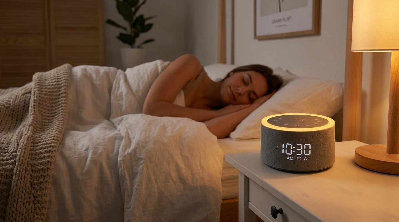 Kalaba White Noise Machine op nachtkastje
